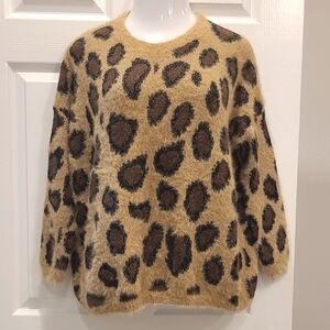Altar's State Oversized Leopard Print Crew Neck Fuzzy Drop Shoulder Knit XS/S